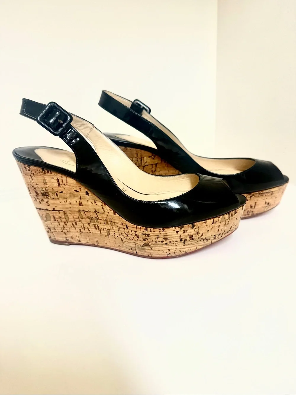 Christian Louboutin Une Plume Black Patent Leather  Cork Wedge Slingback sz 36.5